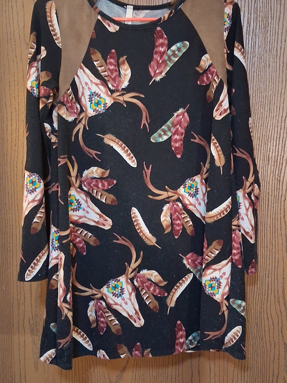 Lily Black Tunic with Feather & Antler Print and Tan Shoulder Panels